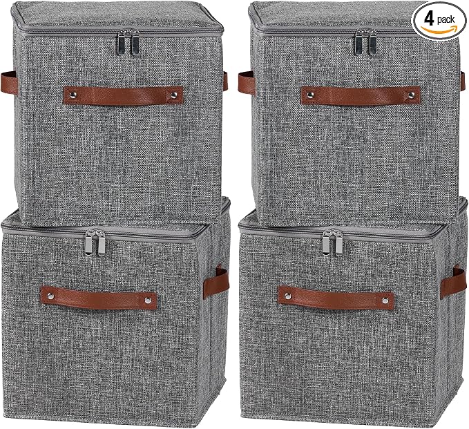 4PCS Storage Cubes with Lid Fabric Storage Bins Boxes PU Leather Handles Cotton Linen Closet Organizer Container Decorative Foldable Washable Shelf Cloth Basket (Zipper Lid, Gray, 11in)