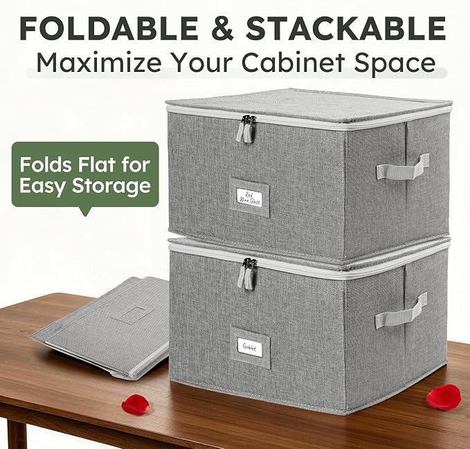 LotFancy Stemware Storage Container, Hard Shell, Stackable Wine Glass Storage Box with Dividers & Handles, Crystal Glassware, Champagne Flute, Drinkware Case for Moving, Grey