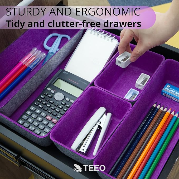 Teeo - Drawer Organizer Tray - Bathroom Drawer Storage - Purple Office Supplies Desk Accessories - Drawer Makeup Organizer - Home Office Cosmetic Bins Dividers Box Compartment - Pack of 7, Purple