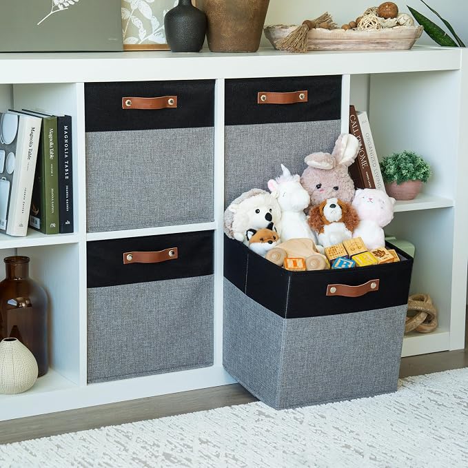 OrganiHaus 13x13 Cube Storage Bins, Set of 4 - Fabric Storage Cubes | Sturdy, holds its shape; odor-free; fits IKEA Kallax and Expedit; vegan leather handles