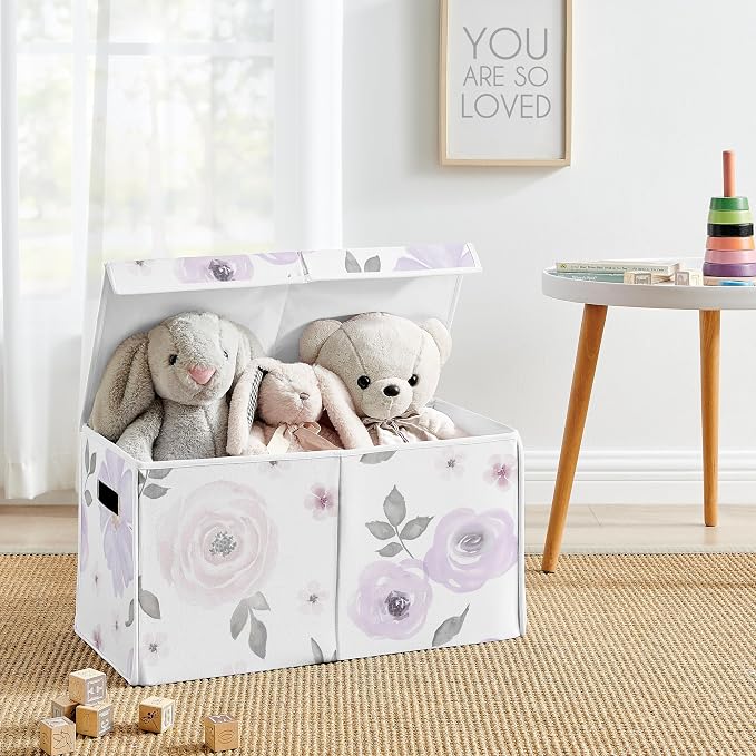 Sweet Jojo Designs Purple Watercolor Floral Girl Small Fabric Toy Bin Storage Box Chest For Baby Nursery or Kids Room - Lavender, Pink and Grey Shabby Chic Rose Flower