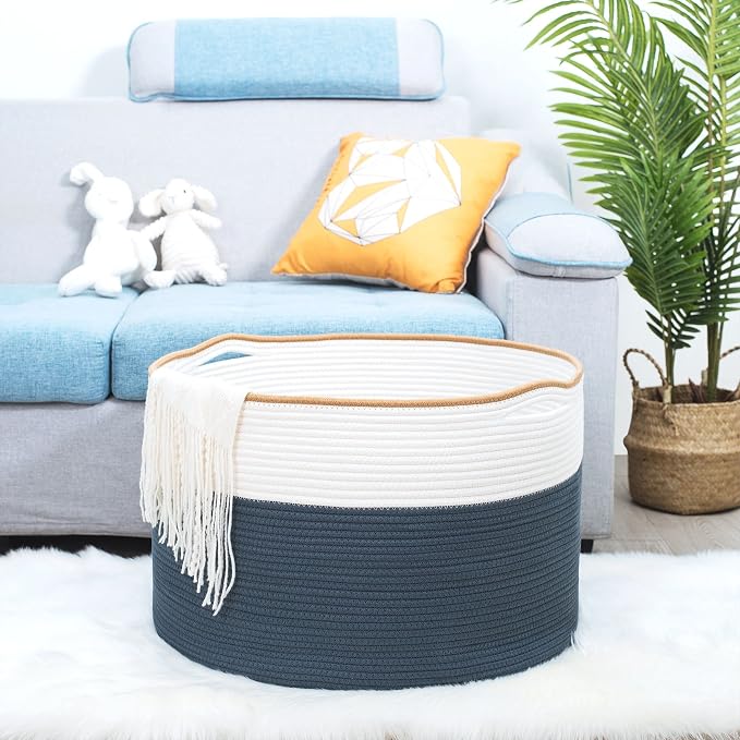 MINTWOOD Design Extra Large 22 x 14 Inches Decorative Woven Cotton Rope Blanket Storage Basket Bin Living Room and Laundry Hamper for Pillows, Pool Towels, Dog Toys, Shoes, Prussian Blue