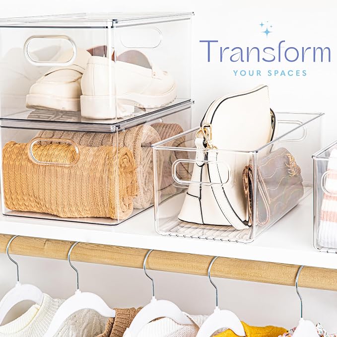 primebox Plastic Food Storage 6 Pack Clear Container Bin with Handles for Organizing Kitchen, Pantry, Refrigerator, Freezer, Pantry, Cabinet, Closet, Bathroom. 16”x6”x5”