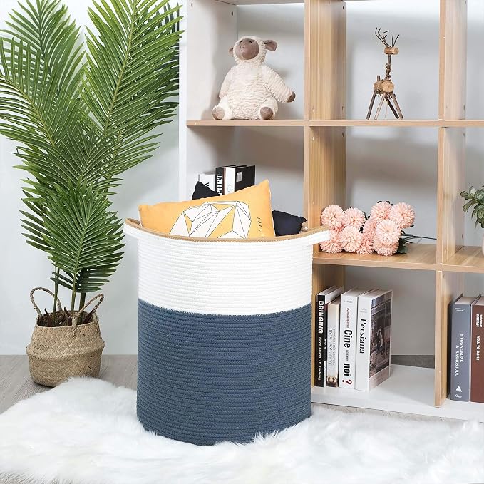 MINTWOOD Design 83L Extra Large 20x18 Inches Decorative Woven Cotton Rope Basket, Tall Laundry Basket Hamper, Blanket Basket for Living Room, Round Storage Baskets for Pillows, Towels, Prussian Blue
