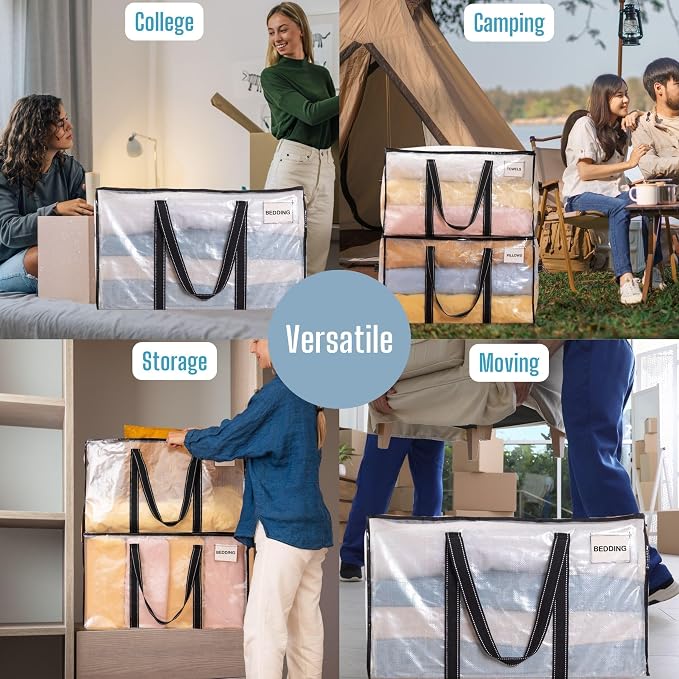 VENO 10 Pack Clear Storage Moving Bags, Heavy Duty Storage Bins with Lid, Around Handles, Tag, Zippers, Extra Large Totes Packing Moving Boxes Supplies for College Dorm Clothes (Transparent)