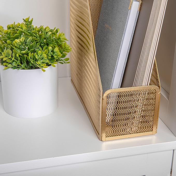 Martha Stewart Ryder Gold Mesh Metal Single Slot Magazine File Holder, Desktop Organizer, 9.75 x 3.75 x 11.5