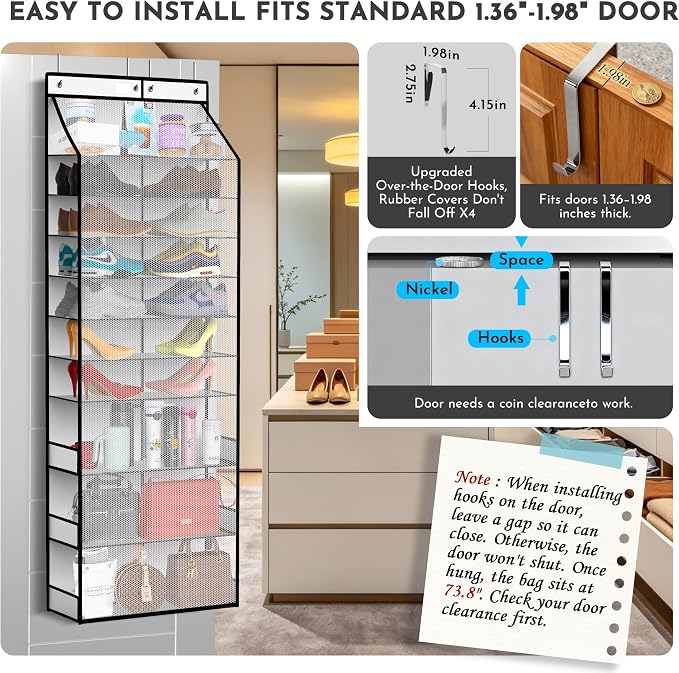 PAULONE Over the Door Organizer Heavy Duty – 96 Lbs Capacity 20 Pair Shoe Rack with Multi-Size Pockets Fits Tall Boots up to 11.8", Breathable Mesh, Metal Hooks – Also for Bags, Toys, Toiletries