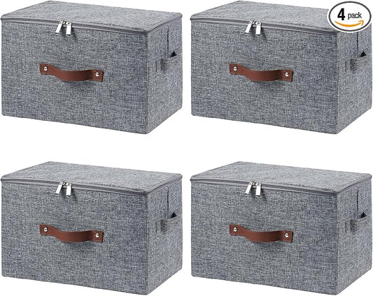 4 Pack Storage Bins with Zipper Lid Cotton Linen Fabric Lidded Storage Baskets Boxes Foldable Washable Closet Shelf Clothes Organizer Container with PU Leather Handles (Gray, Large)