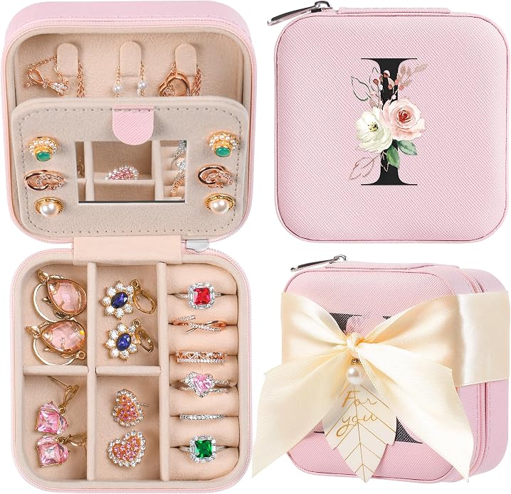 AYGXU Travel Jewelry Box for Women and Girls - Small Case With Initial A-Z - Teacher Gifts
