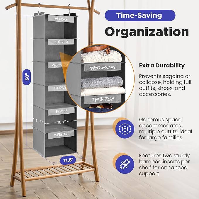 Handy Laundry Hanging Clothes Organizer for Kids - 6-Shelf Closet Daily Clothing Organization Labeled Shelves with Days of The Week Monday Through Friday, Weekday and Weekend (Grey)