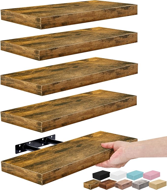 Sorbus Floating Shelves for Wall – 16 Inch Floating Shelf for Kitchen, Bedroom, Living Room, Bathroom, Home & Wall Decor - Mounted Bathroom Shelves with Invisible Brackets (Rustic Brown, 5 Pack)