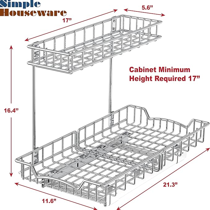 Simple Houseware 2-Tier (L+M) Organizer Pull Out Under Cabinet Sliding Shelf, Chrome