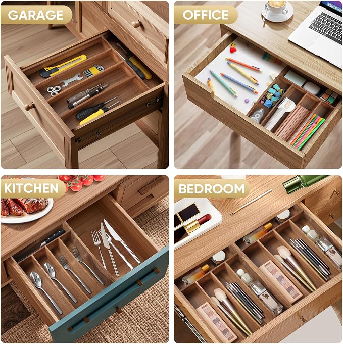 Silverware Organizer, 10 Inch Utensil Organizer Kitchen Drawer Organizer Acacia Silverware Holder Cutlery Tray Organizer in Drawer Flatware Organizer Tray(5 slots, Acacia