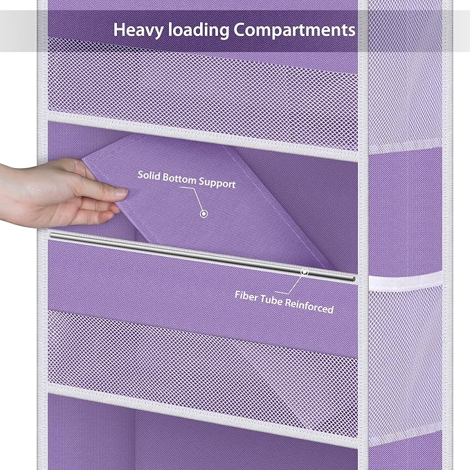Univivi Over The Door Hanging Organizer with 6 Large Compartments and Mesh Windows, Over The Door Baby Clothes Organizer for Cosmetics, Baby Essentials and Diapers (Purple)