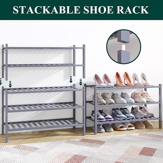 Smiry Bamboo Shoe Rack for Closet, 3 Tier Wooden Shoe Organizer, Stackable Wood Shoe Storage Shelf for Entryway, 14 Vertical Slats, One-piece Heavy-Duty Legs, 26.77"x11.02"x18.31", Grey