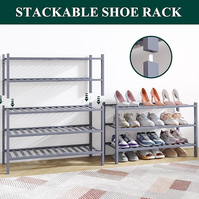 Smiry Bamboo Shoe Rack for Closet, 5 Tier Wooden Shoe Organizer, Stackable Wood Shoe Storage Shelf for Entryway, 14 Vertical Slats, 2+3 Stack Heavy-Duty Legs, 26.77"x11.02"x31.3", Grey