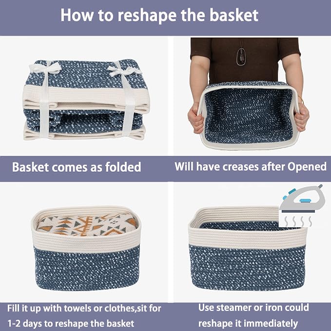 XUANGUO White and Blue Cotton Rope storage Basket Bins Woven Basket for Organizing Shelves 15X10X9.3“ Rectangle Decorative Baskets For storage Books Towels Wicker Nursery basket organizer Set of 3