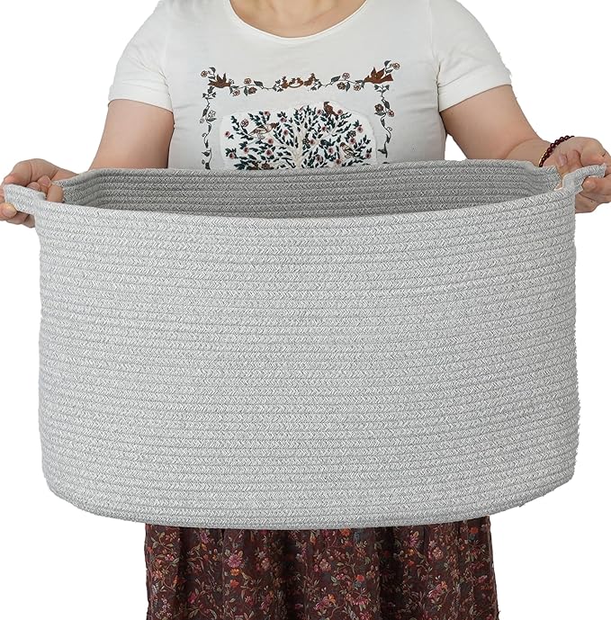 XUANGUO Large Rectangle Blankets Basket Living Room 22"x17"x12" Woven Cotton Rope Storage Baskets for Nursery Toy Baskets for Kids and Dogs Laundry Basket Bin for Clothes Towels grey