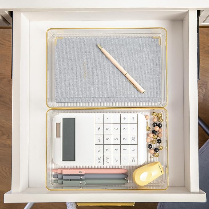 Martha Stewart Kerry Plastic Stackable Office Desk Drawer Organizers, 9" x 6", 3 Pack, with Gold Trim
