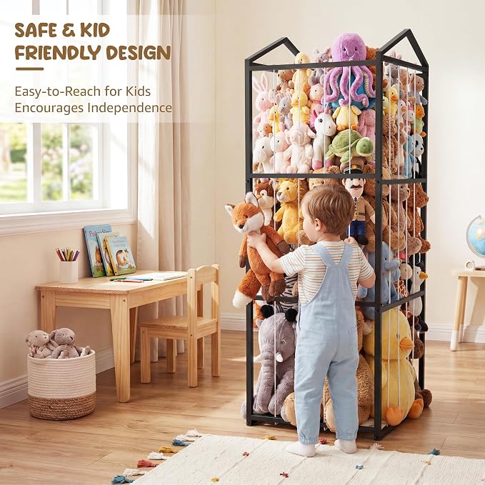 NomNest Stuffed Animal Storage Zoo, Large Metal Plushies Organizer, Heavy Duty Metal Teddy Bear Toy Holder for Kids' Bedroom & Playroom & Nursery (Non-Wheeled, Black)
