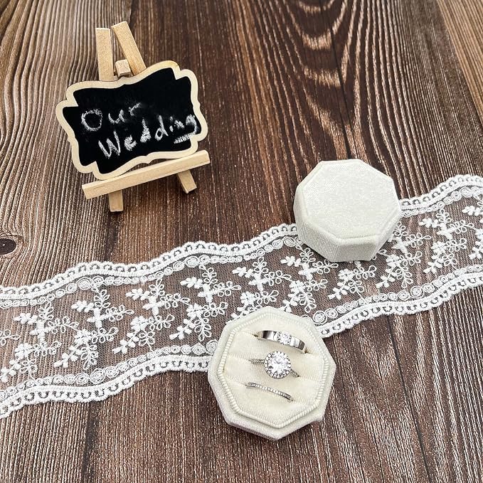 Velvet Ring Box 3 Slots - Octagonal Premium Rings Holder Handmade Ring Bearer Jewelry Storage Organizer for Wedding Ceremony, Christmas, Photography Prop (Ivory)