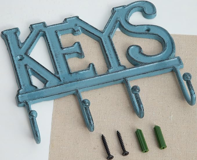 FairyCity Keys Holder for Wall Metal Vintage Keys Hook Organizer- Home Decor Key Hanger Rack Decorative with 4 Hooks,18 * 15cm Blue