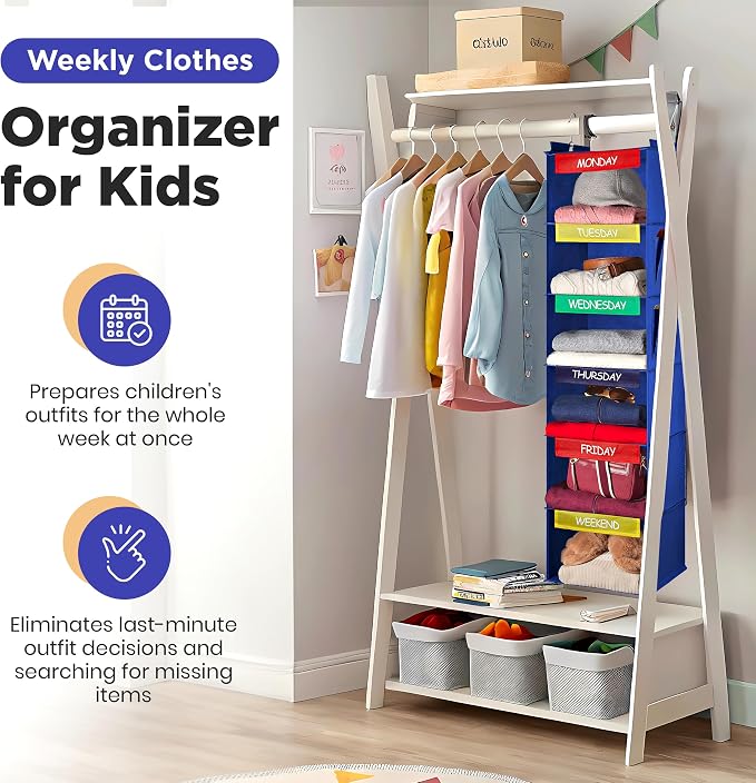 Handy Laundry Hanging Clothes Organizer for Kids - 6-Shelf Closet Daily Clothing Organization Labeled Shelves with Days of The Week Monday Through Friday, Weekday and Weekend (Blue)