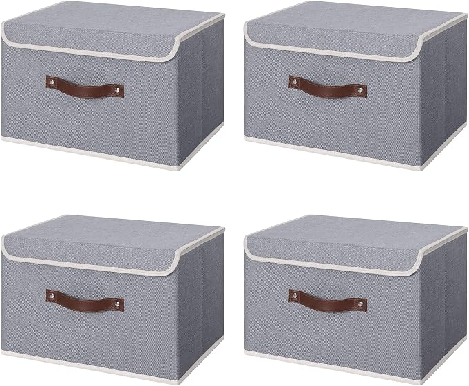 ANMINY 4PCS Storage Bin with Lid Storage Boxes with PU Leather Handles PP Plastic Board Decorative Foldable Lidded Cotton Linen Fabric Home Cubes Baskets Closet Organizer Container - Gray, Medium