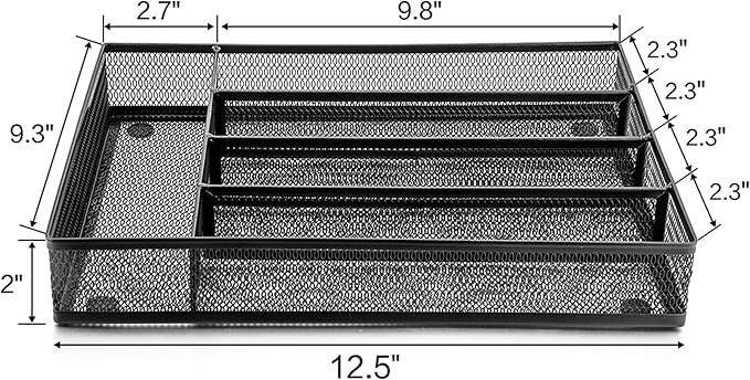 LIANYU Silverware Utensil Drawer Organizer, 5 Compartments Steel Mesh Cutlery Flatware Tray with Foam Feet, 9 1/4" W x 12 1/2" L x 2" H, Black