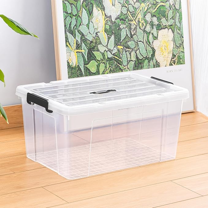 Cetomo Lidded Storage Bin with Handle, Tote Organizing Container with Wheels, Lid and Secure Latching Buckles, Stackable and Nestable, Plastic, 72 Quart-3 Pack, Clear