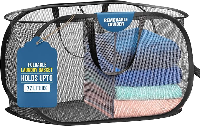 Pop Up Laundry Hamper 2-Compartment, Collapsible Mesh - Handy Laundry | Divided 77L Basket with Handles, Ventilated Breathable Fabric, Foldable Flat for Dorm, Travel, Home, Black, Sorting Bin