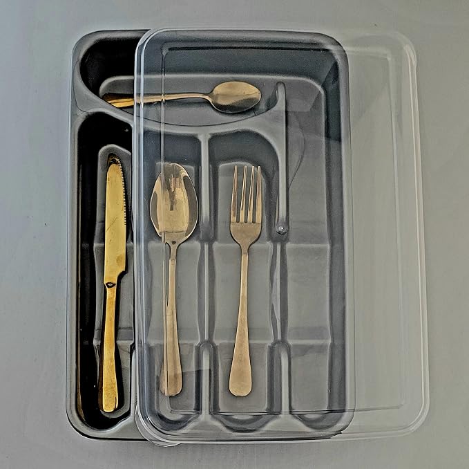 BLACK PEARL Utensil and Silverware Organizer tray for drawer with cover -Cutlery Flatware Organizer with lid - for kitchen drawer, BBQ, picnic, Covered flatware tray,5 Compartments - Plastic (SILVER)