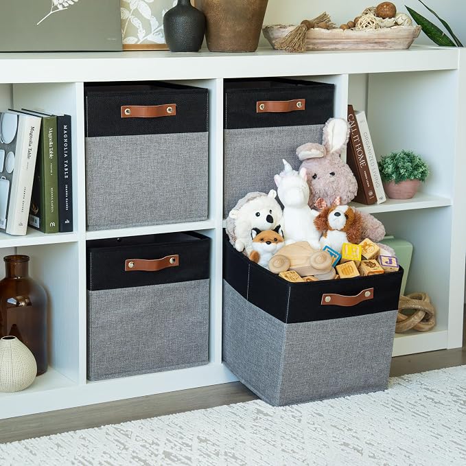 OrganiHaus 12x12 Cube Storage Bins, Set of 4 - Fabric Storage Cubes | Sturdy, holds its shape; odor-free; fits 12-inch cube shelves; vegan leather handles