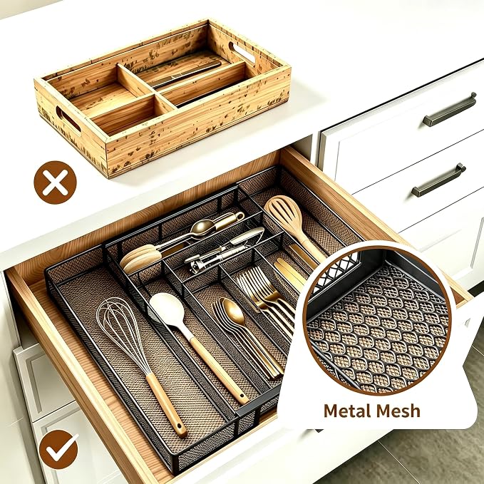 Sedegn Silverware Organizer Metal Mesh, Large Drawer Organizer, Utensil Cutlery Tray for kitchen drawers, Expandable Flatware Organizer with 8 Compartment Black 11.6"~20" x 17.3"