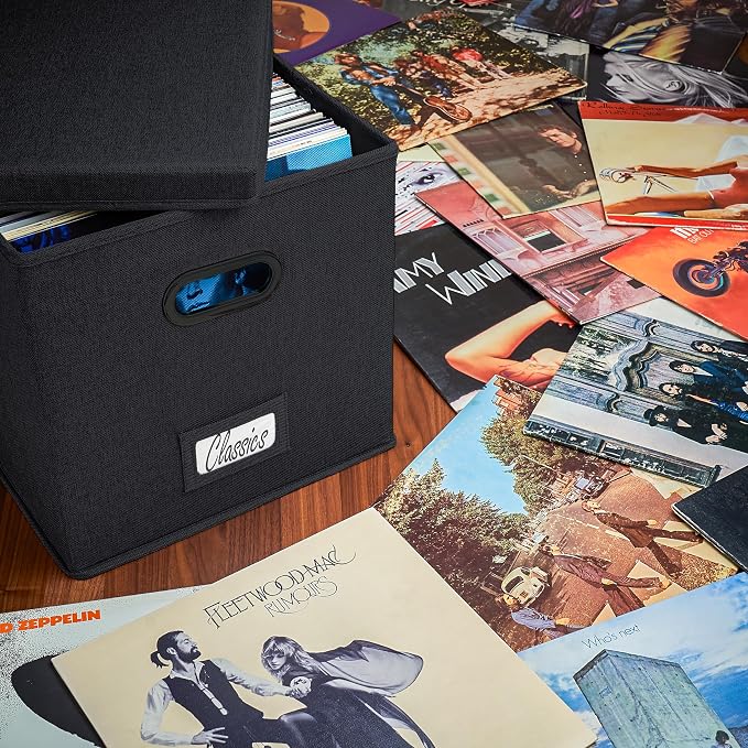 ZICOTO Decorative Vinyl Record Storage Box Set for 100+ Single Records - Sturdy and Easy to Carry LP Holder with Lid - The Perfect Storage Crate for Your Valuable Album Collection