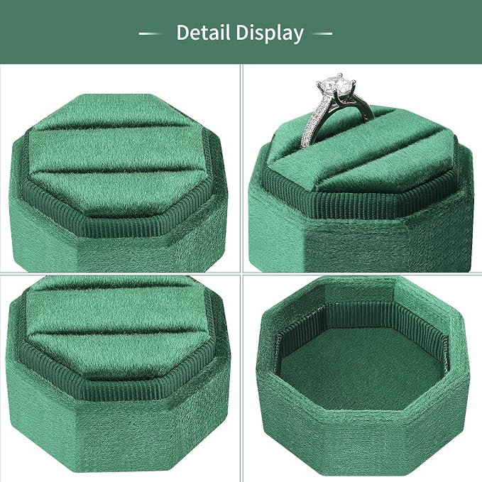 DesignSter Velvet Jewelry Ring Box,2 Slots Jewelry Ring Gift Box Vintage Ring Display Holder with Detachable Lid for Proposal, Engagement, Wedding, Ceremony(Dark green)