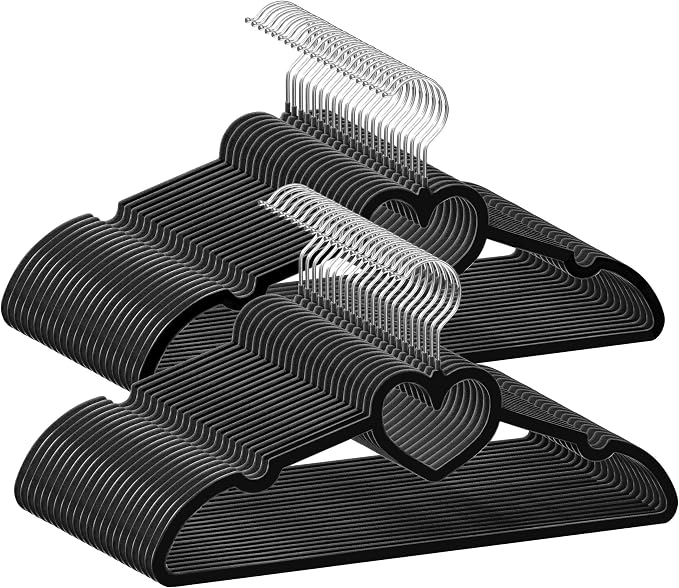 Velvet Hangers 50 Pack,16 Inch Non Slip Adult Heart Hanger (Black) | 360° Swivel Hooks, Cascade Design, Space Saving