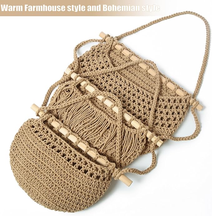 Halidali 3 Tier Hanging Fruit Baskets for Kitchen, Boho Cotton Rope Handwoven Vegetable Hammock Produce Storage Wall Mounted Large Organizing Basket for Farmhouse Decor, Onion, Potato (Linen)