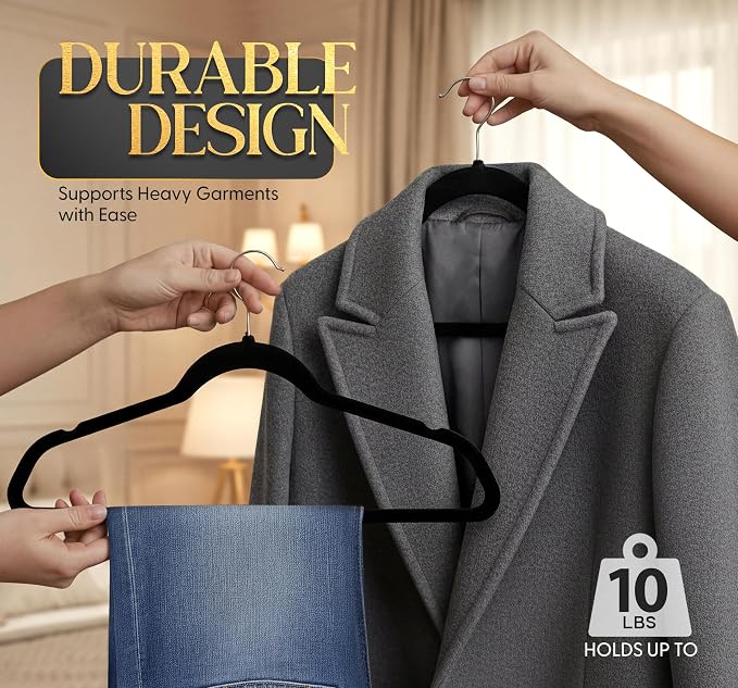 Beddora Velvet Hangers 50-Pack,Black Non-Slip Slim Space-Saving Closet Organizer, Suit & Coat Hangers, Heavy-Duty, 360° Swivel Hook