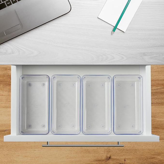 Acrimet Drawer Organizer Modular, Box Tray Storage Bins for Office, Home, Makeup, Kitchen, Junk Drawer ( 4 Pieces) (Clear Crystal Plastic)
