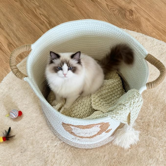 Toy Storage Basket(12"x12"), blanket basket, Cotton Rope Woven Laundry Hamper with Cute Embroidered Dinosaur for Nursery, Living Room, Laundry (Lion)