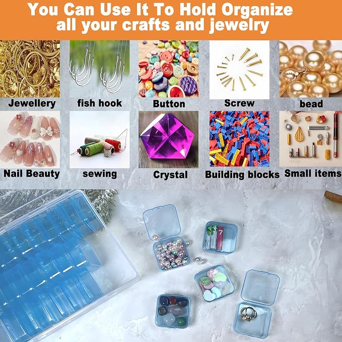 Bead Organizer Box-Blue Plastic Box 31 Pcs Storage Plastic Cases Mini Clear Bead Storage Containers Boxes with Hinged Lid and Rectangle Bracelet Making DIY Jewelry Craft Nail