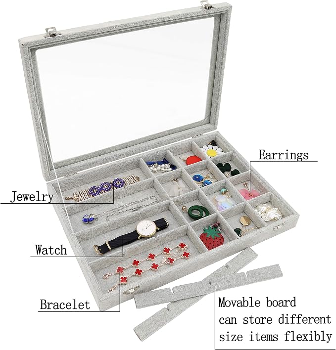 Stratalife 24 Grid Jewelry Holder Organizer: Earring Organizer Box with Clear Glass Lid, Velvet Jewelry Storage for Studs, Earrings, Rings, Necklace with Removable Dividers for Dresser, Grey