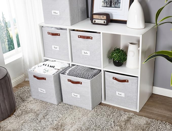 DECOMOMO Storage Bins, Storage Baskets for Shelves | 13" x 15" x 13" Storage Cube Bins with Labels for Organizing Shelves (Kallax, 4pcs, Light Texture Grey)