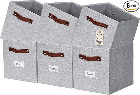 DECOMOMO Storage Bins, Cube Storage Bin with Labels | 10.5" x 11" Fabric Storage Cubes for Shelves (6pcs, Light Texture Grey)