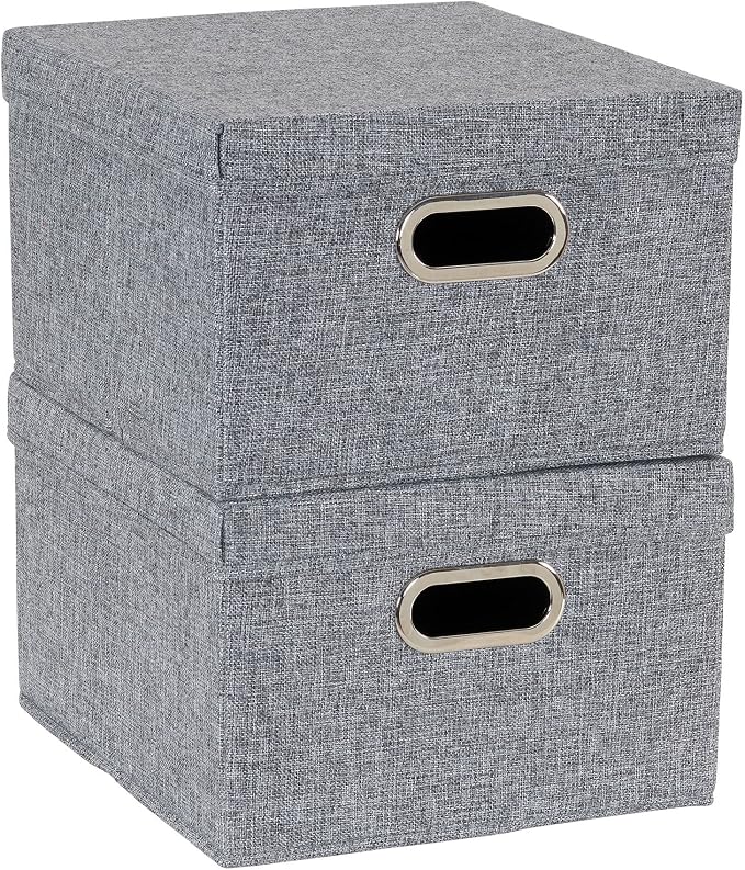 Household Essentials Storage Bin Set with Lids with Textured Linen Look Fabric, Chromed Grommet Handles, Gray Finish, Set of 2
