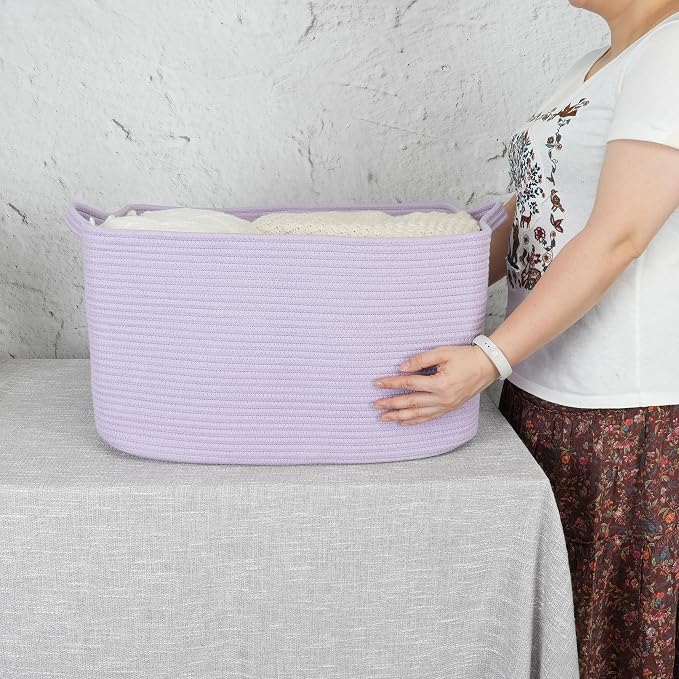XUANGUO Large Rectangle Blankets Basket Living Room 22"x17"x12" Woven Cotton Rope Storage Baskets for Nursery Toy Basket for Kids Wicker Laundry Baskets Bin for Clothes Towels purple or Lavendor