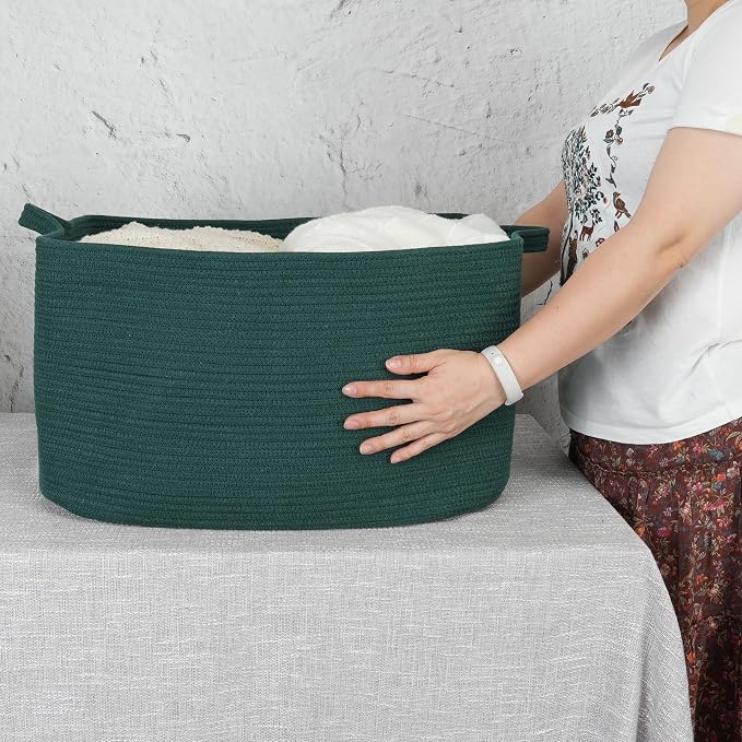 XUANGUO Large Rectangle Blankets Basket Living Room 22"x17"x12" Woven Cotton Rope Storage Basket for Nursery Toy Baskets for Kids and Dogs Wicker Laundry Baskets Bin for Clothes Towels dark green