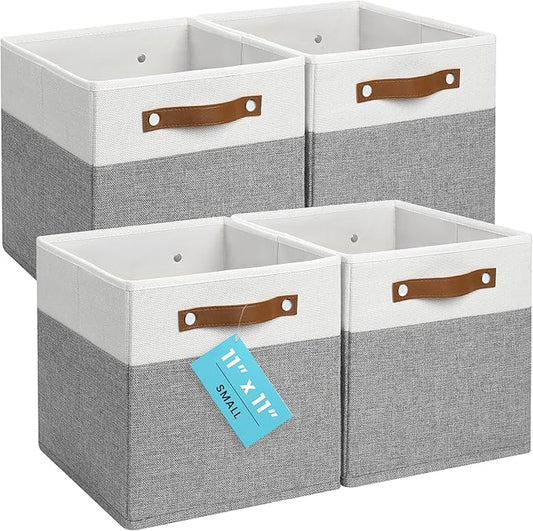 OrganiHaus 11x11 Cube Storage Bins, Set of 4 - Fabric Storage Cubes | Sturdy, holds its shape; odor-free; fits ClosetMaid 11-inch shelves; vegan leather handles