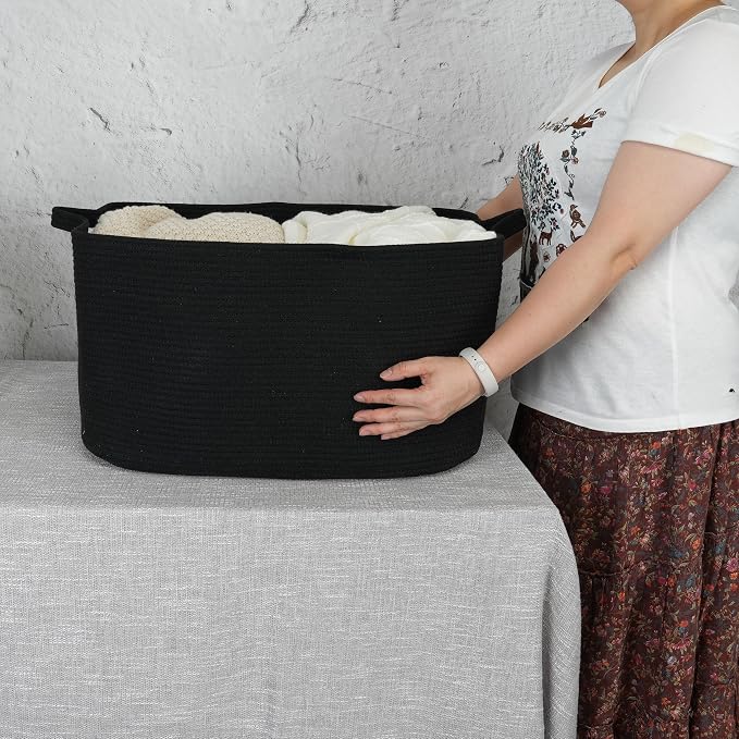 XUANGUO Large Rectangle Blankets Basket Living Room 22"x17"x12" Woven Cotton Rope Storage Baskets for Nursery Toy Baskets for Kids and Dogs Wicker Laundry Basket Bin for Clothes Towels black